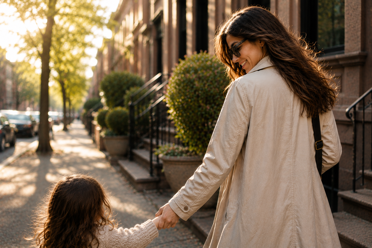 A woman walks a tree-lined street in golden morning light, holding her child's hand, bag on her shoulder.